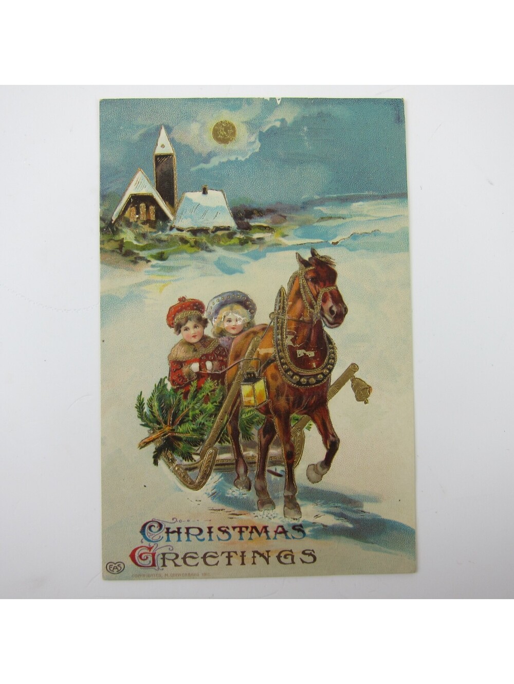 Antique 1911 Christmas Postcard Victorian Boy Girl Horse Sled Gel Gold Embossed